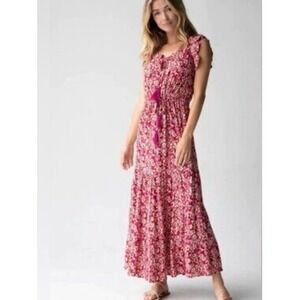 Natural Life Womens Pink Floral Ruffle Tiered Maxi Dress Tassel Tie Medium